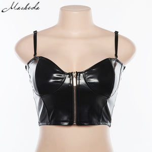 Black PU Leather Zipper Camis