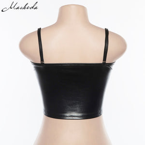 Black PU Leather Zipper Camis