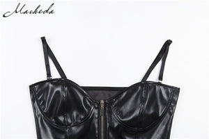 Black PU Leather Zipper Camis