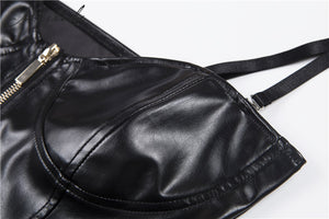 Black PU Leather Zipper Camis