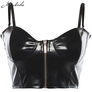 Black PU Leather Zipper Camis